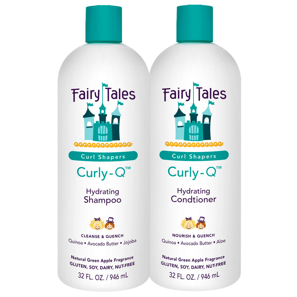 Fairy Tales Curly-Q front packaging shows 32 oz two-pack and kid-friendly design benefits