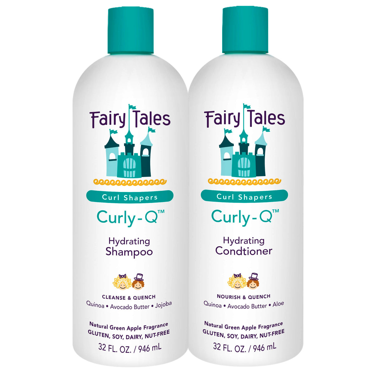 Fairy Tales Curly-Q front packaging shows 32 oz two-pack and kid-friendly design benefits
