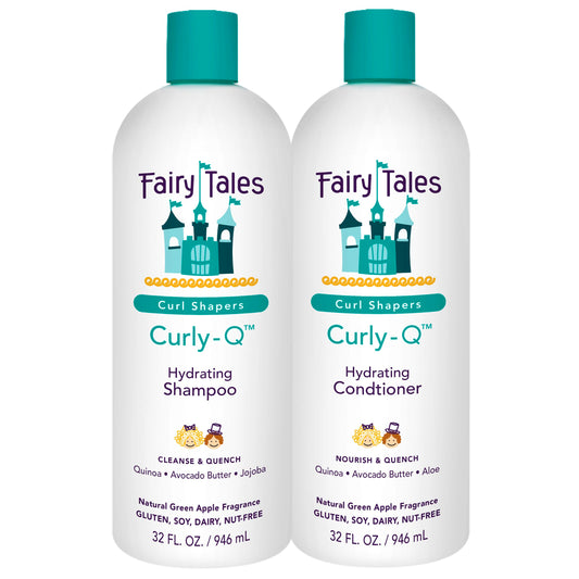 Fairy Tales Curly-Q front packaging shows 32 oz two-pack and kid-friendly design benefits