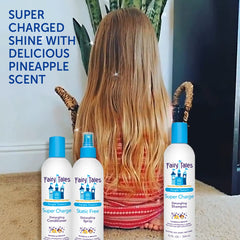 Smiling family with styled hair using Fairy Tales showing improved manageability and shine