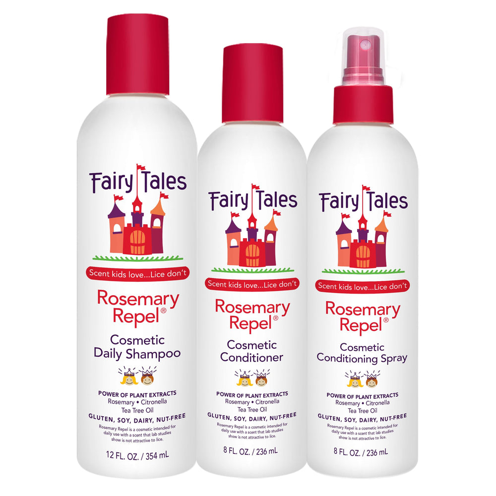 Fairy Tales front packaging showing shampoo, conditioner and spray and benefits
