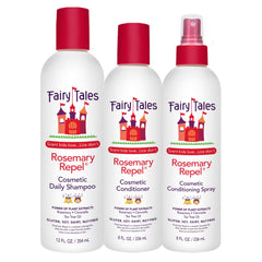 Fairy Tales front packaging showing shampoo, conditioner and spray and benefits