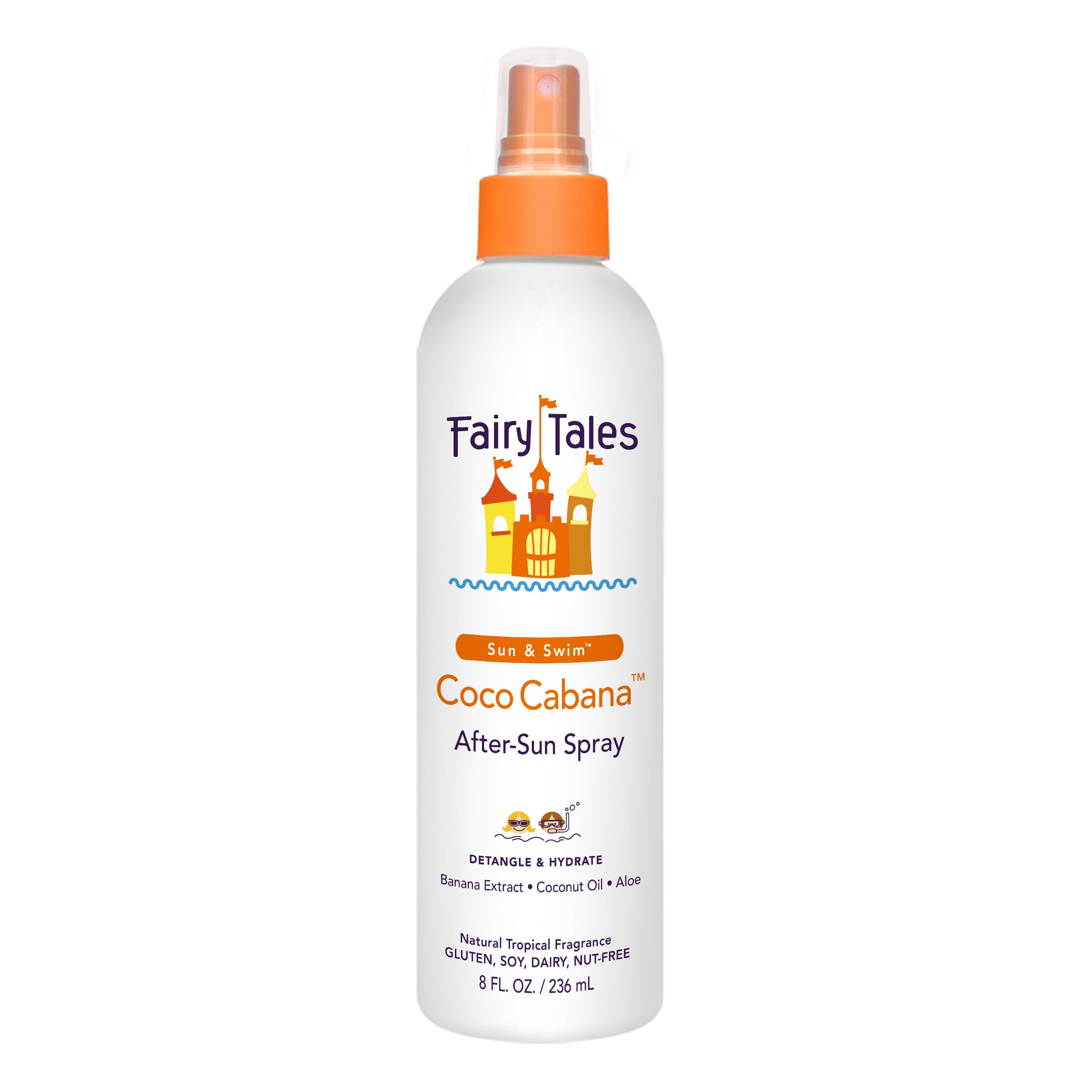 Fairy Tales front bottle photo showing product and tropical scent benefits