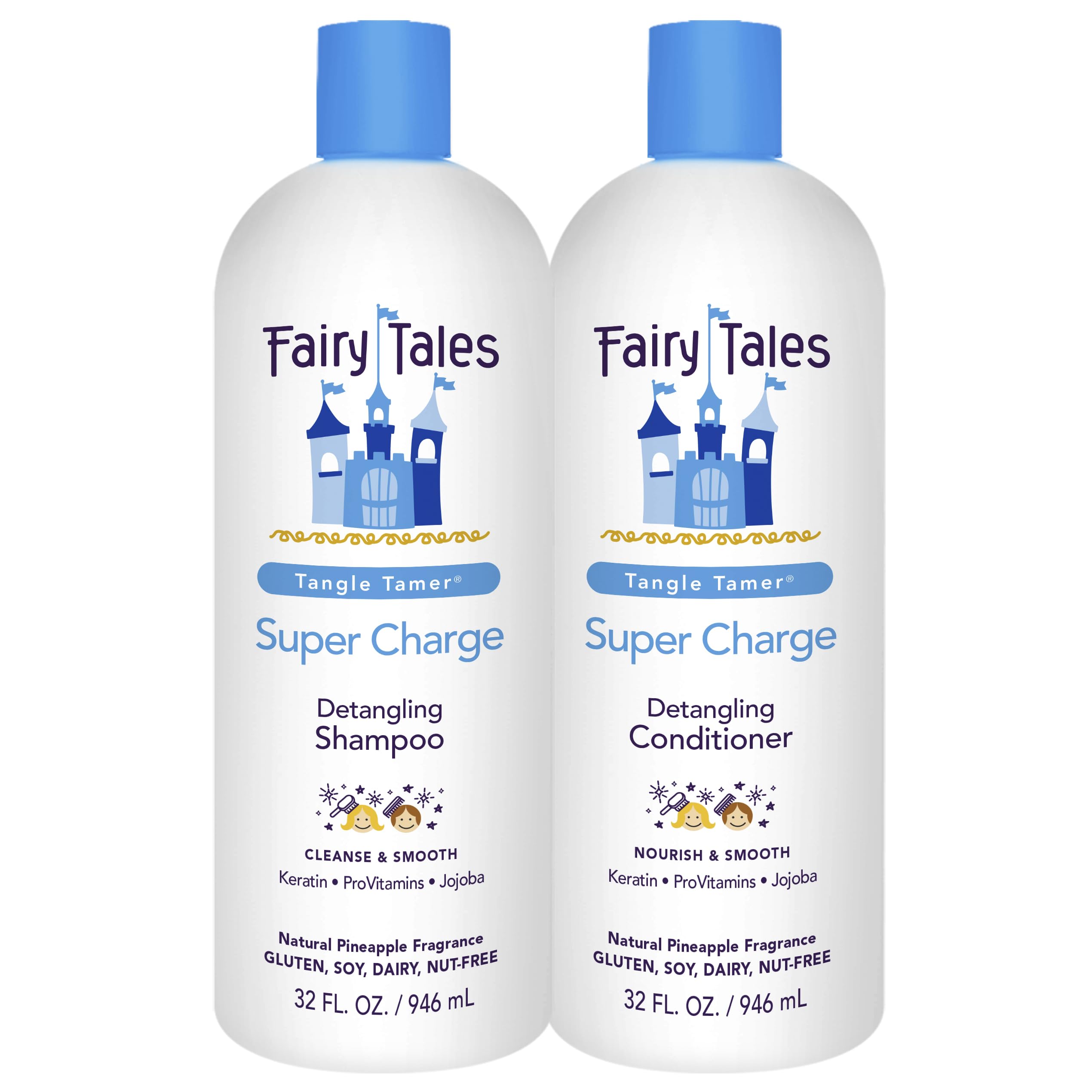 Fairy Tales front packaging showing 32 oz bottles and benefits