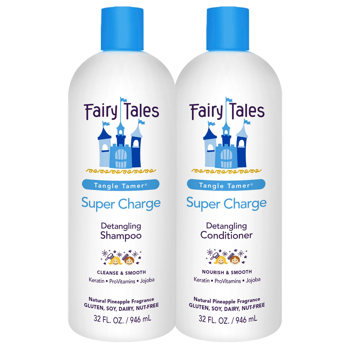 Fairy Tales front packaging showing 32 oz bottles and benefits