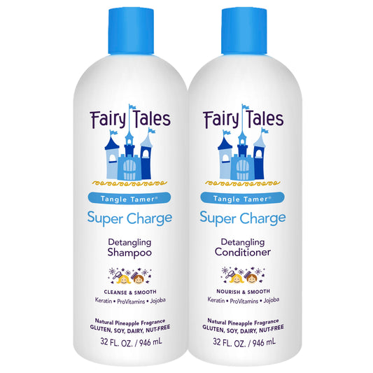 Fairy Tales front packaging showing 32 oz bottles and benefits