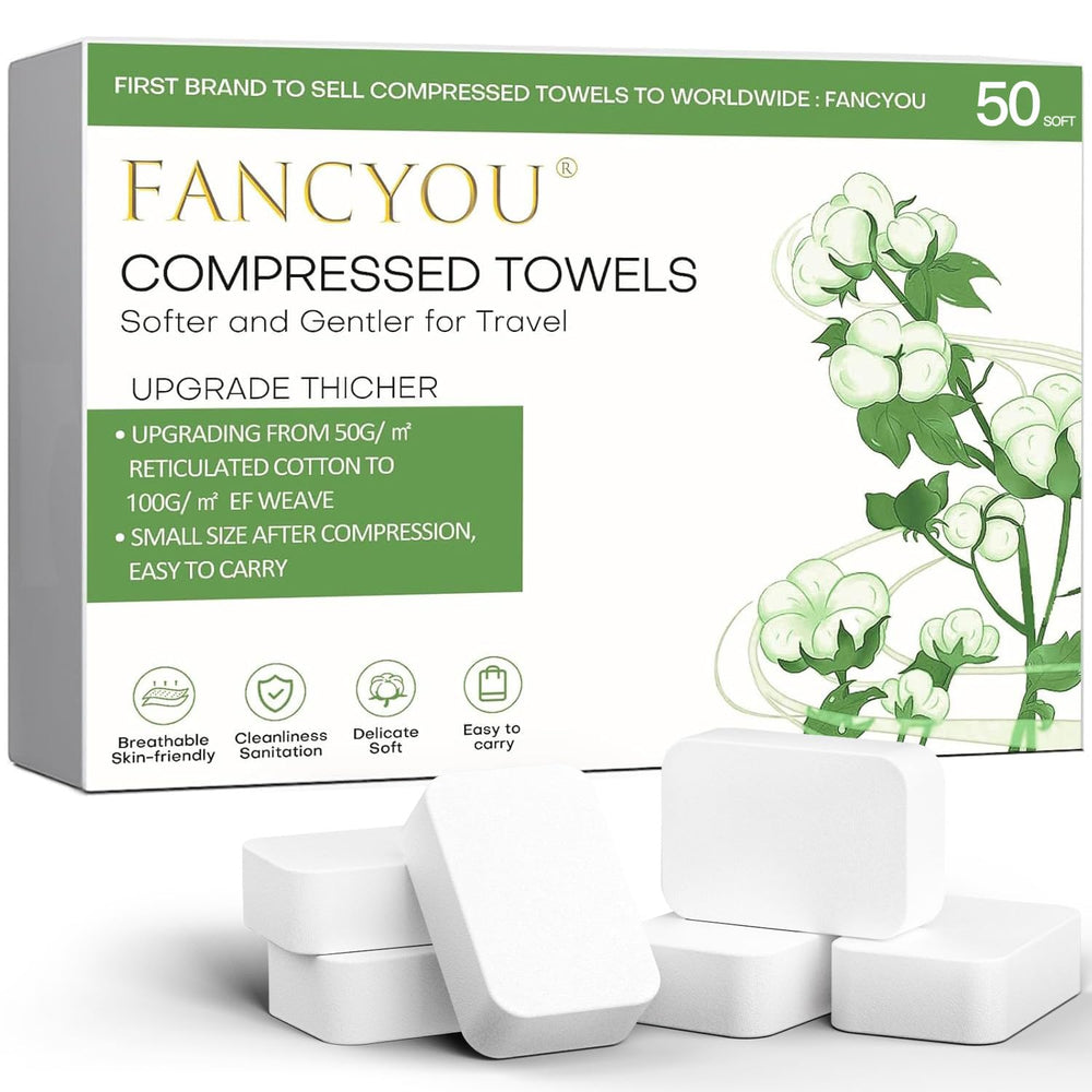 fancyou front packaging showing compact compressed towel tablets and brand benefit of portability