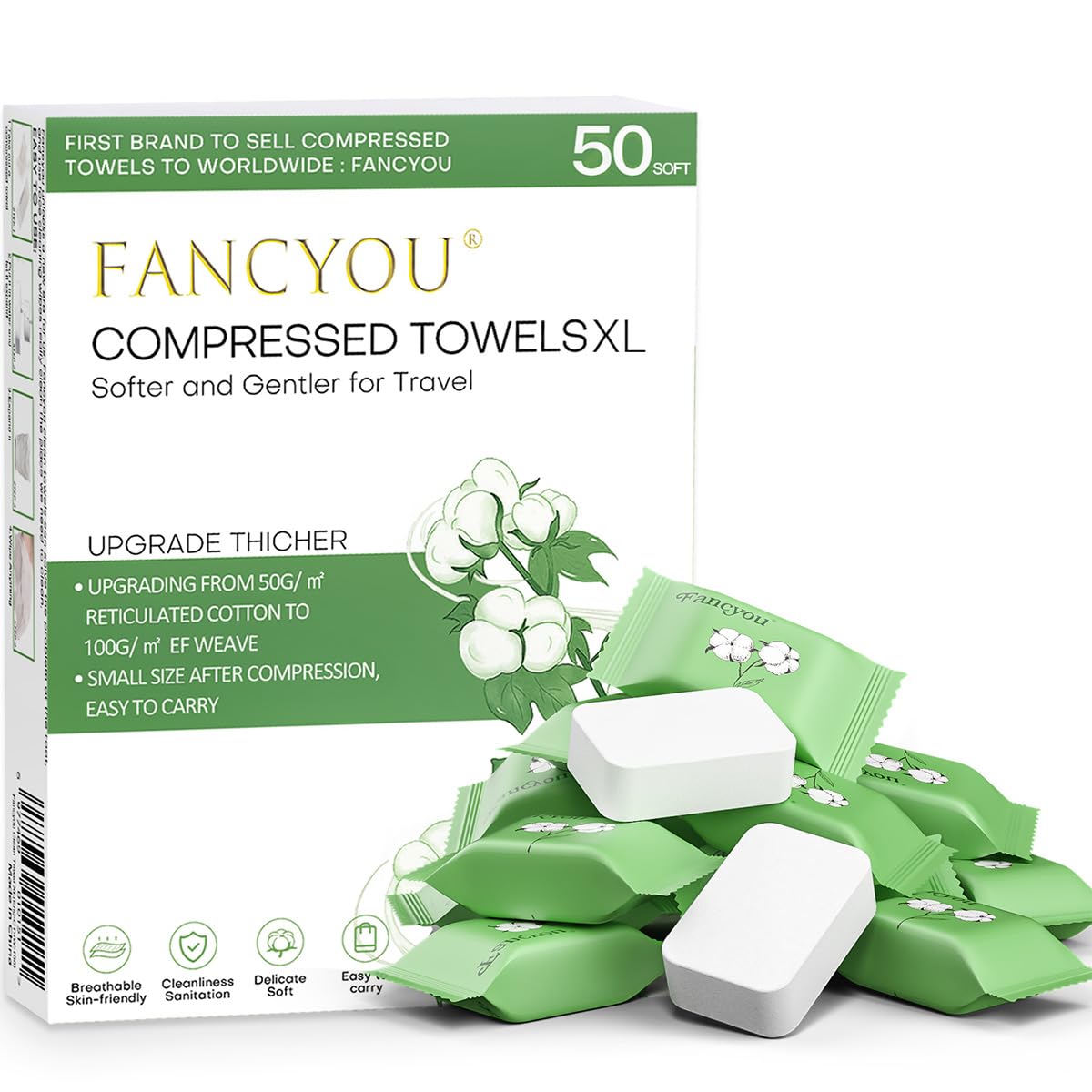 fancyou front packaging showing 50-count green pack and travel benefits