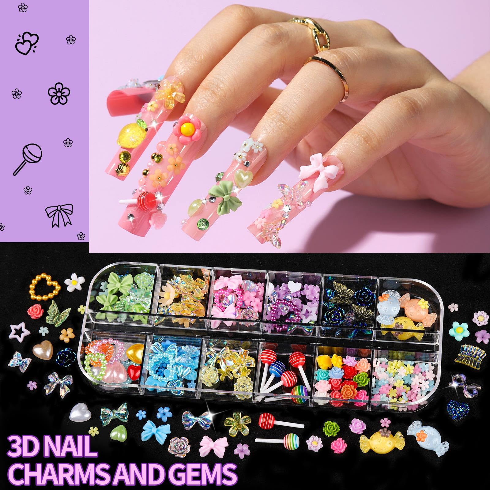 Fandamei close-up of colorful 3D flower and fruit charms adding playful dimension