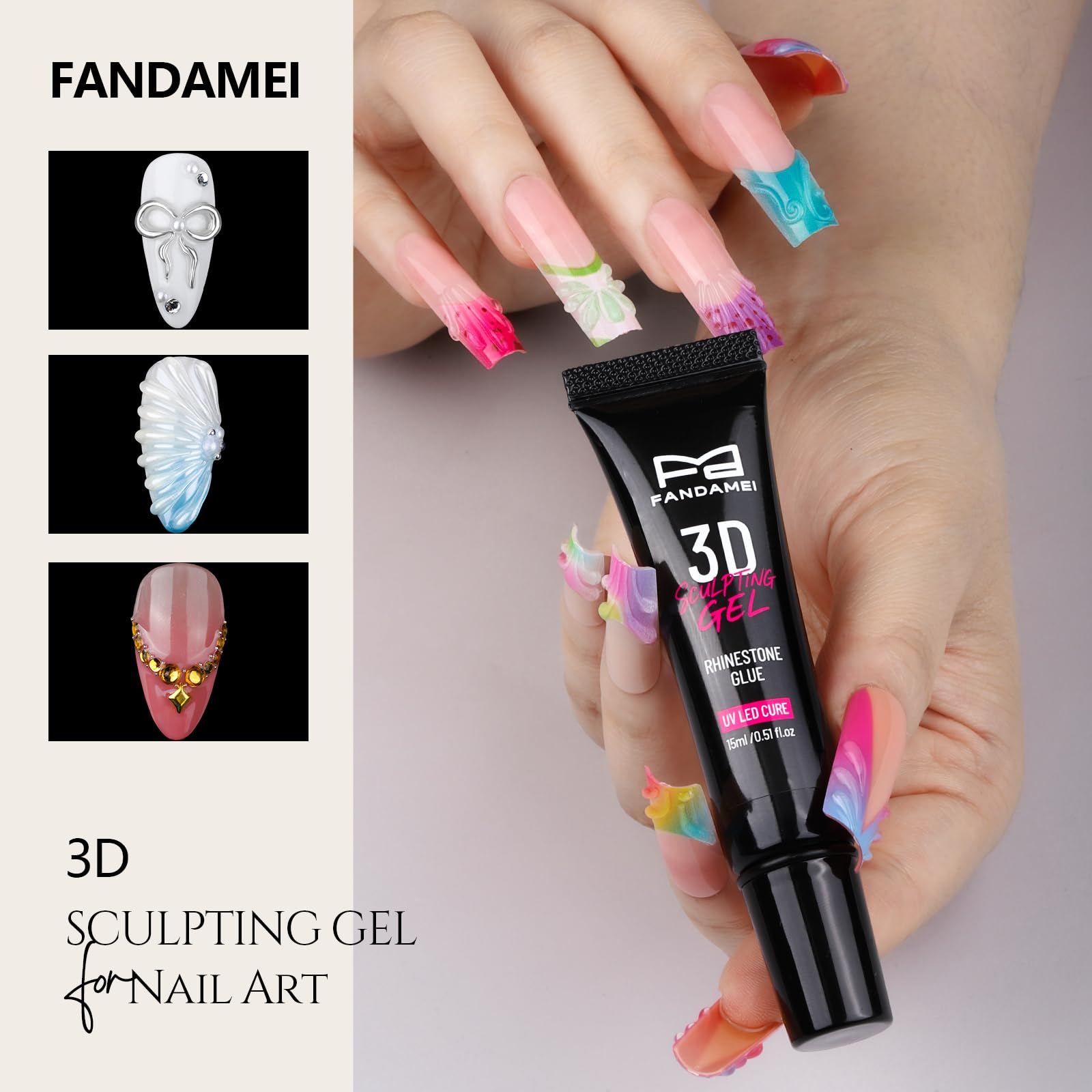 Fandamei 3D gel tube close-up showing nozzle for precise sculpting and easy control