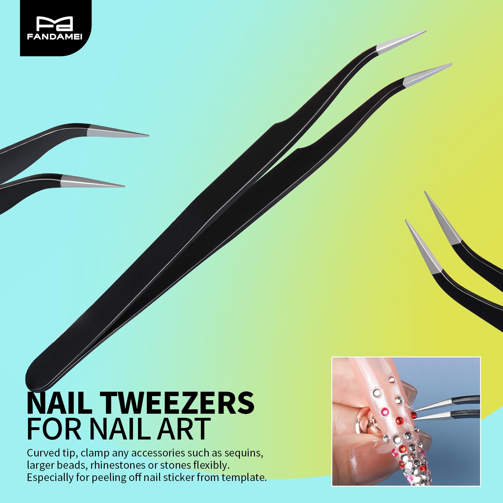 Fandamei stands and double-sided tape securing press-on nails for display