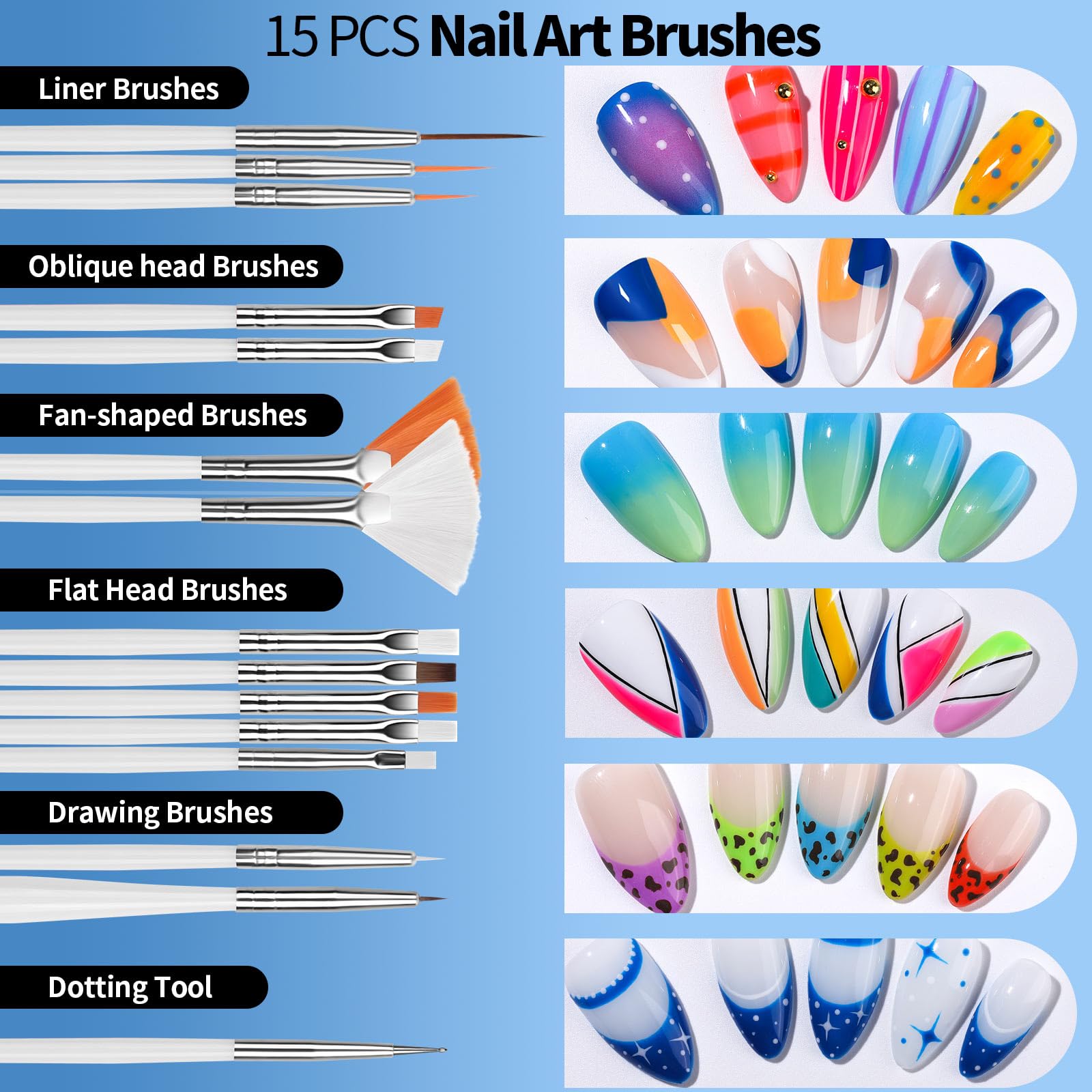 Fandamei close-up of 15 acrylic nail brushes highlighting precise strokes and varied shapes