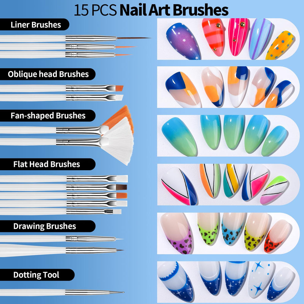 Fandamei close-up of 15 acrylic nail brushes highlighting precise strokes and varied shapes
