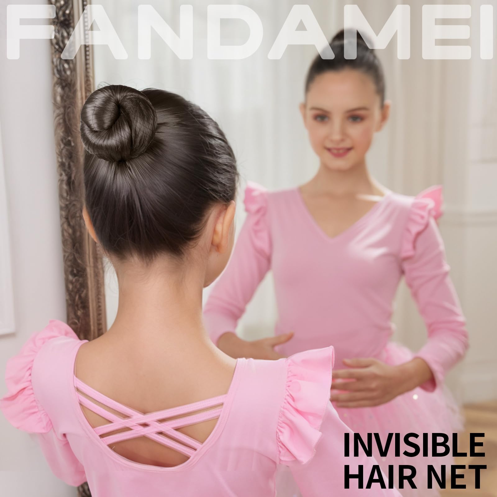 Fandamei styled ballet bun on child illustrating tidy, performance-ready finish