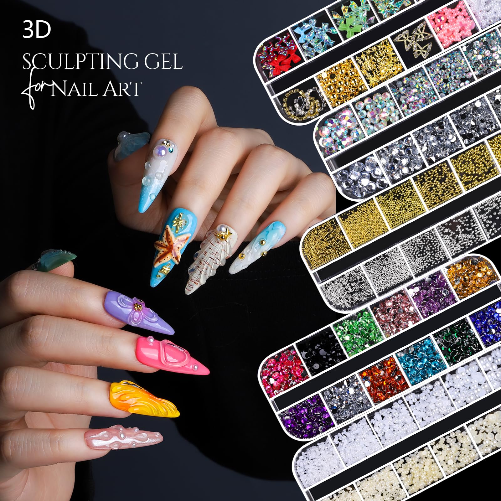 Fandamei assorted charms and rhinestones laid out to inspire layered nail designs