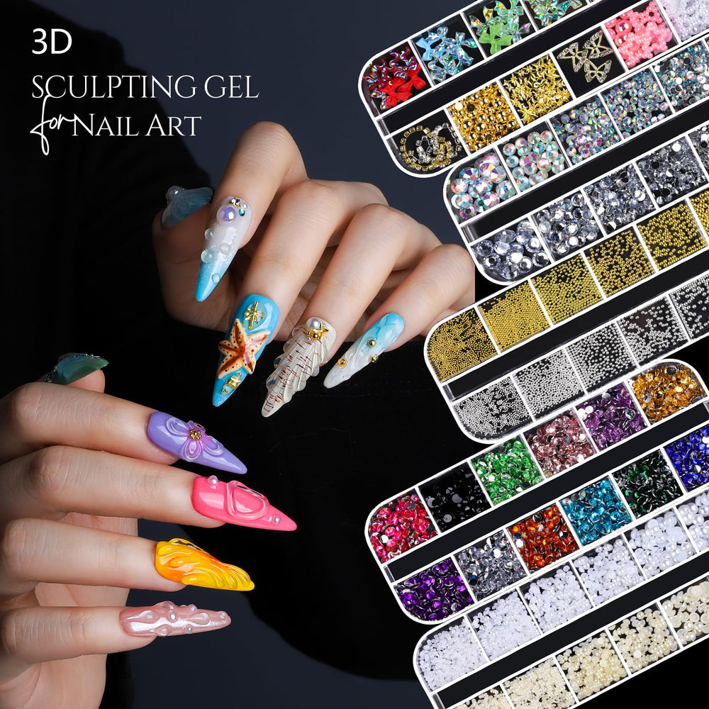 Fandamei assorted charms and rhinestones laid out to inspire layered nail designs