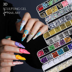 Fandamei assorted charms and rhinestones laid out to inspire layered nail designs