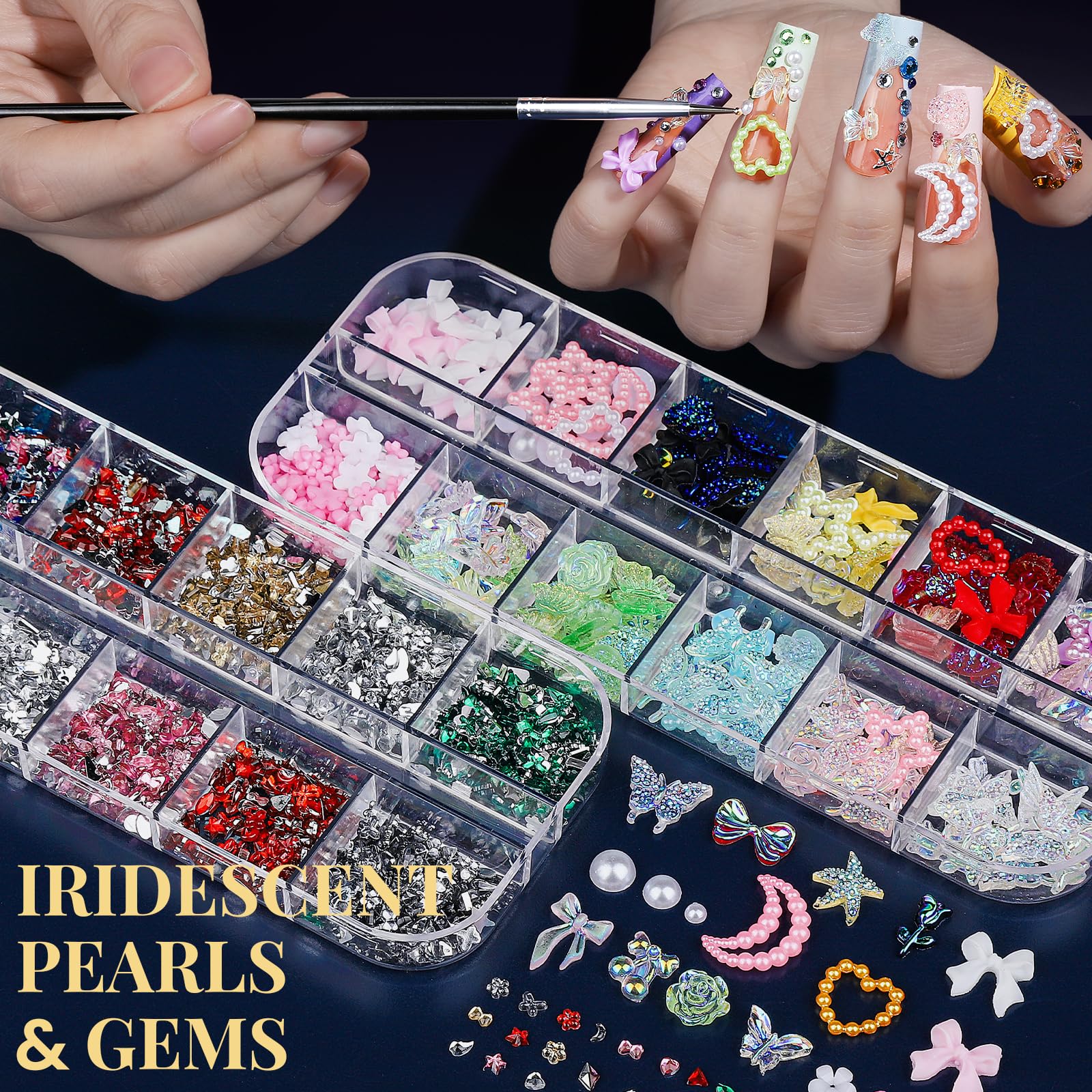 Fandamei charms and rhinestones spread displaying sparkle and variety benefit