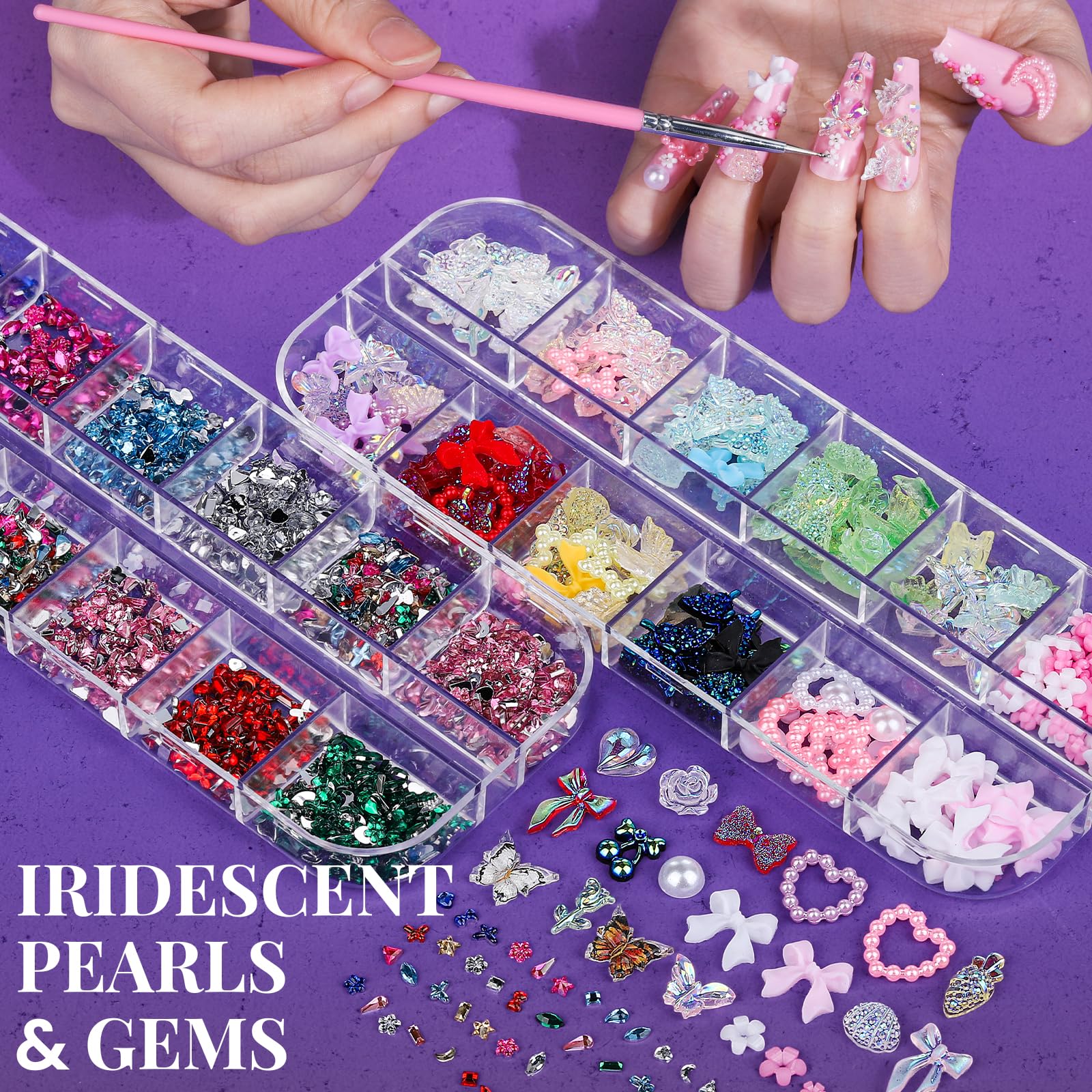 Fandamei open boxes of 3D charms and rhinestones for layered designs