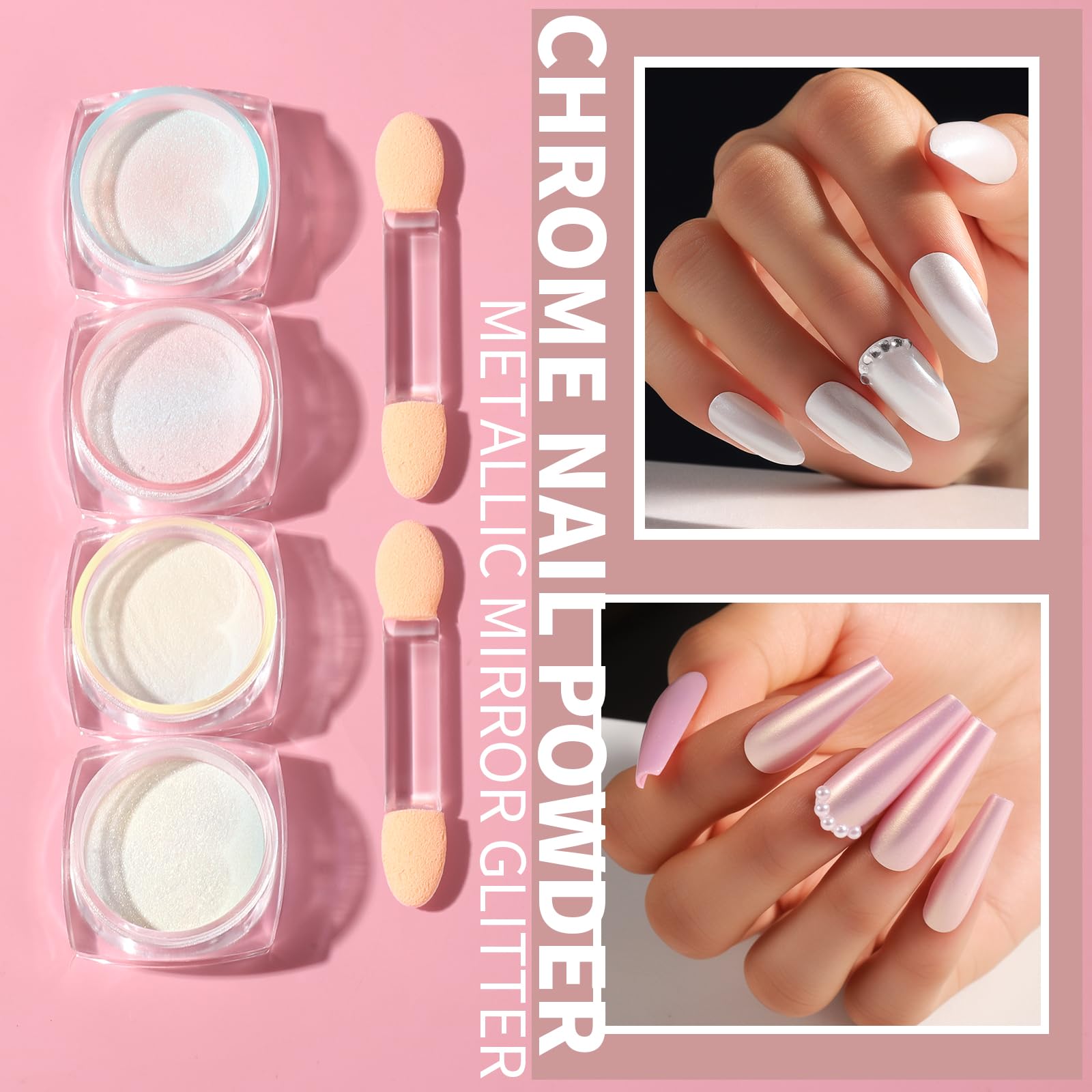 Fandamei chrome nail powders close-up creating mirror-effect shine