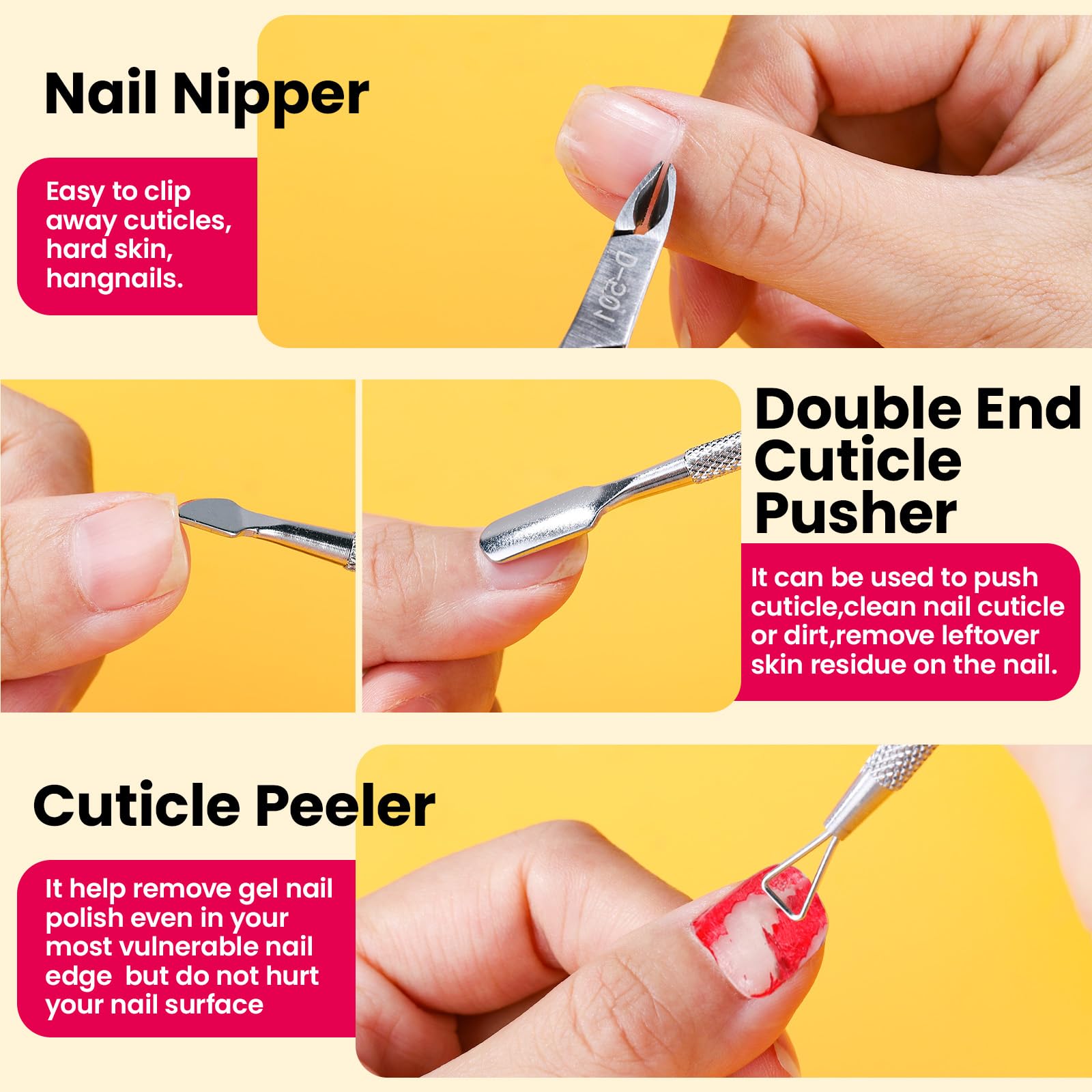FANDAMEI stainless cuticle nipper and pusher detail showing precision trimming advantage