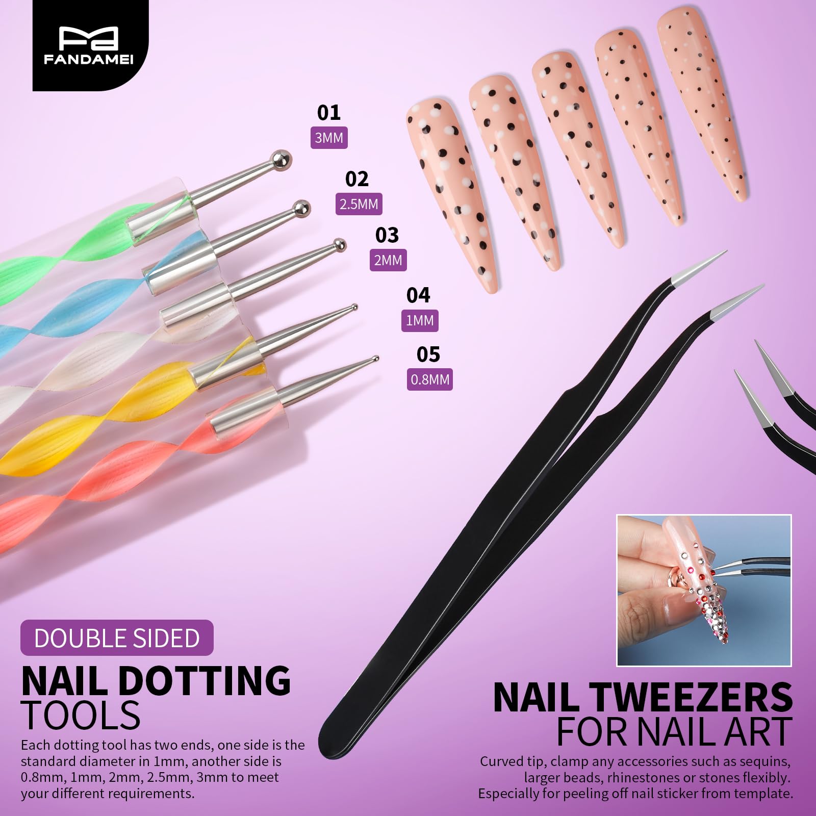 Fandamei dotting tools and tweezers displayed for accurate dotting and placement