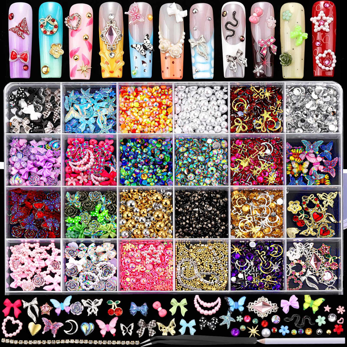 Fandamei front package showing 24-grid organized nail charms for easy selection