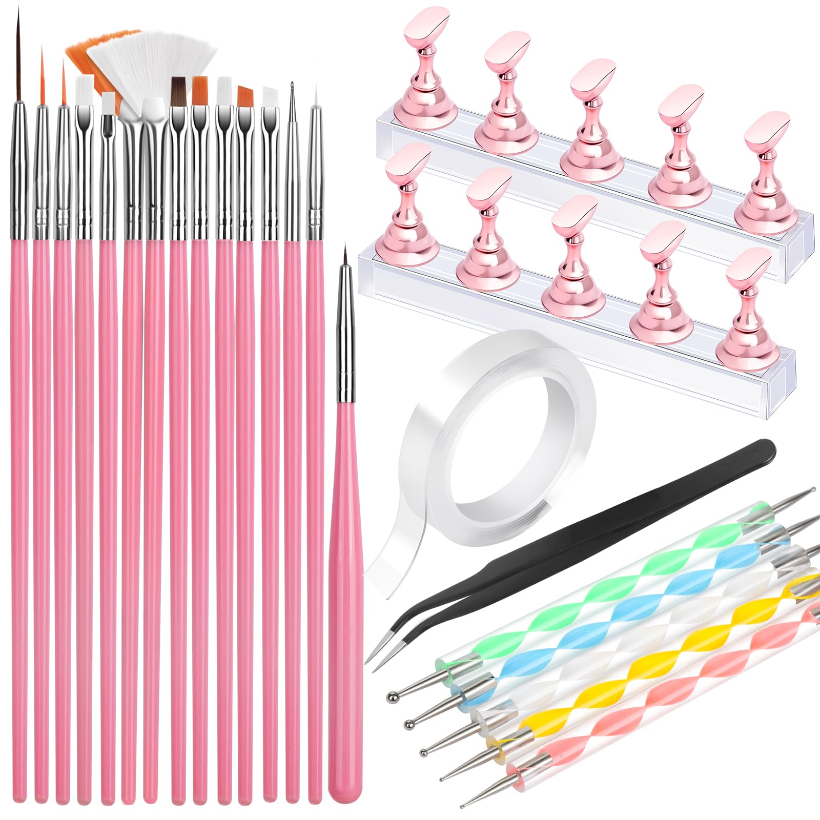 FANDAMEI kit front view showing brushes dotting tools and stands for versatile nail art