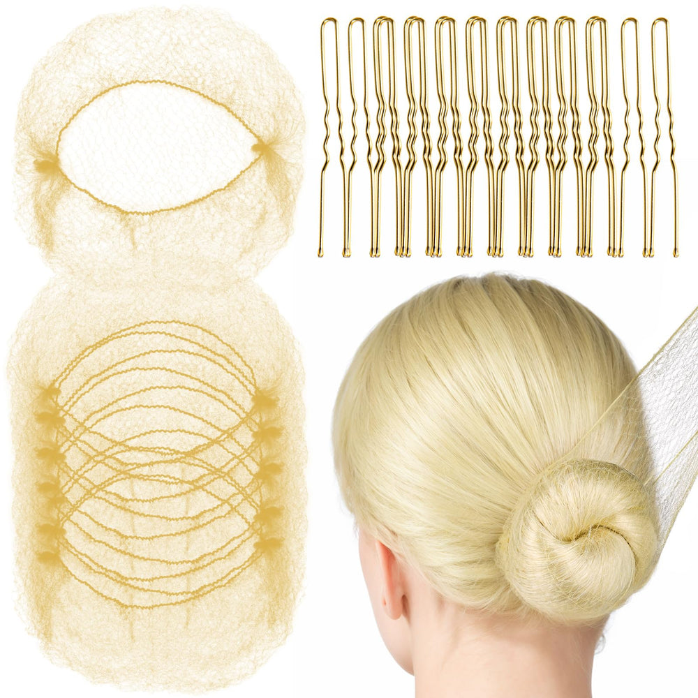 Fandamei front view of gold hair nets and pins kit showing contents and color benefits