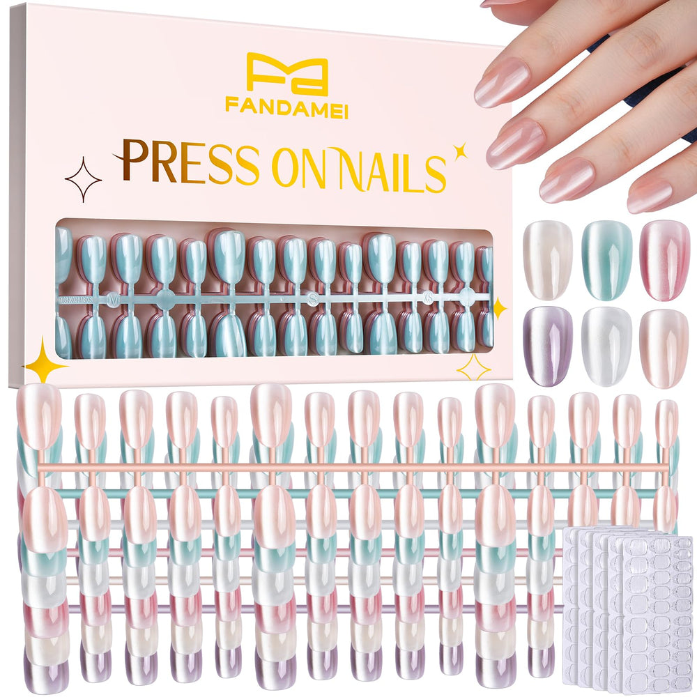 Fandamei front packaging showing six nude cat eye press-on nails and benefits of ready wear