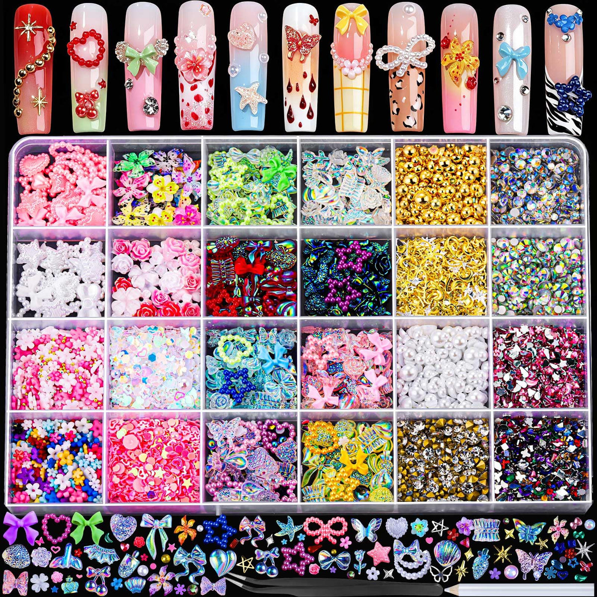 Fandamei 24-grid case front view showing organized nail charms for quick selection