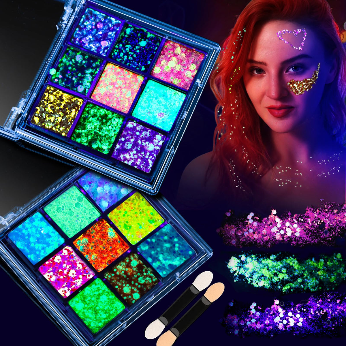 Fandamei front view palettes showing two snap-shut cases and color range benefit