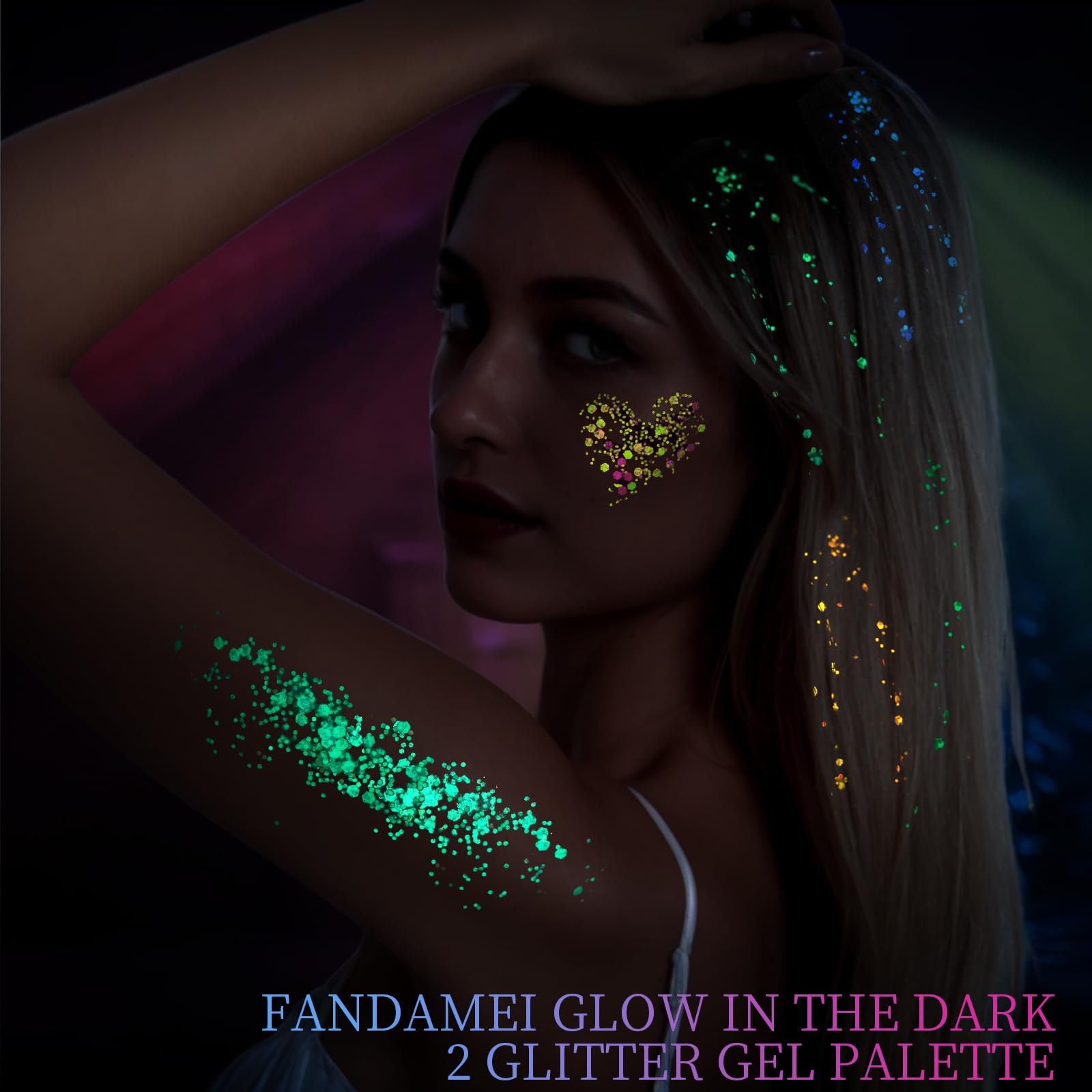 Fandamei palette glowing under blacklight demonstrating vivid night glow