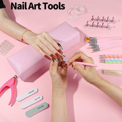 Fandamei kit in use with press-on nails being painted and displayed
