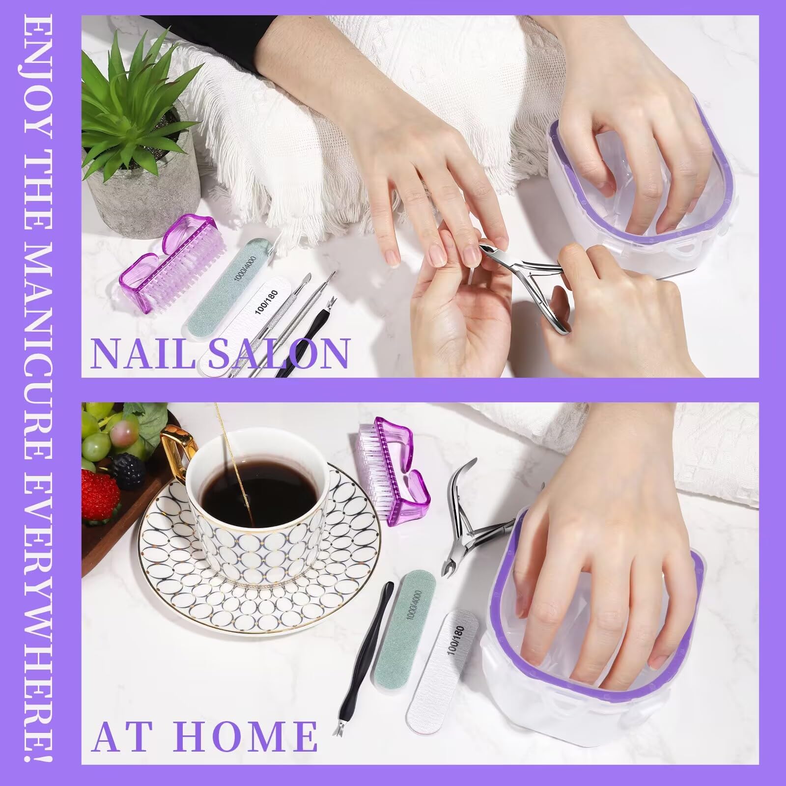 Fandamei lifestyle shot of hand soaking demonstrating comfortable at-home salon benefit