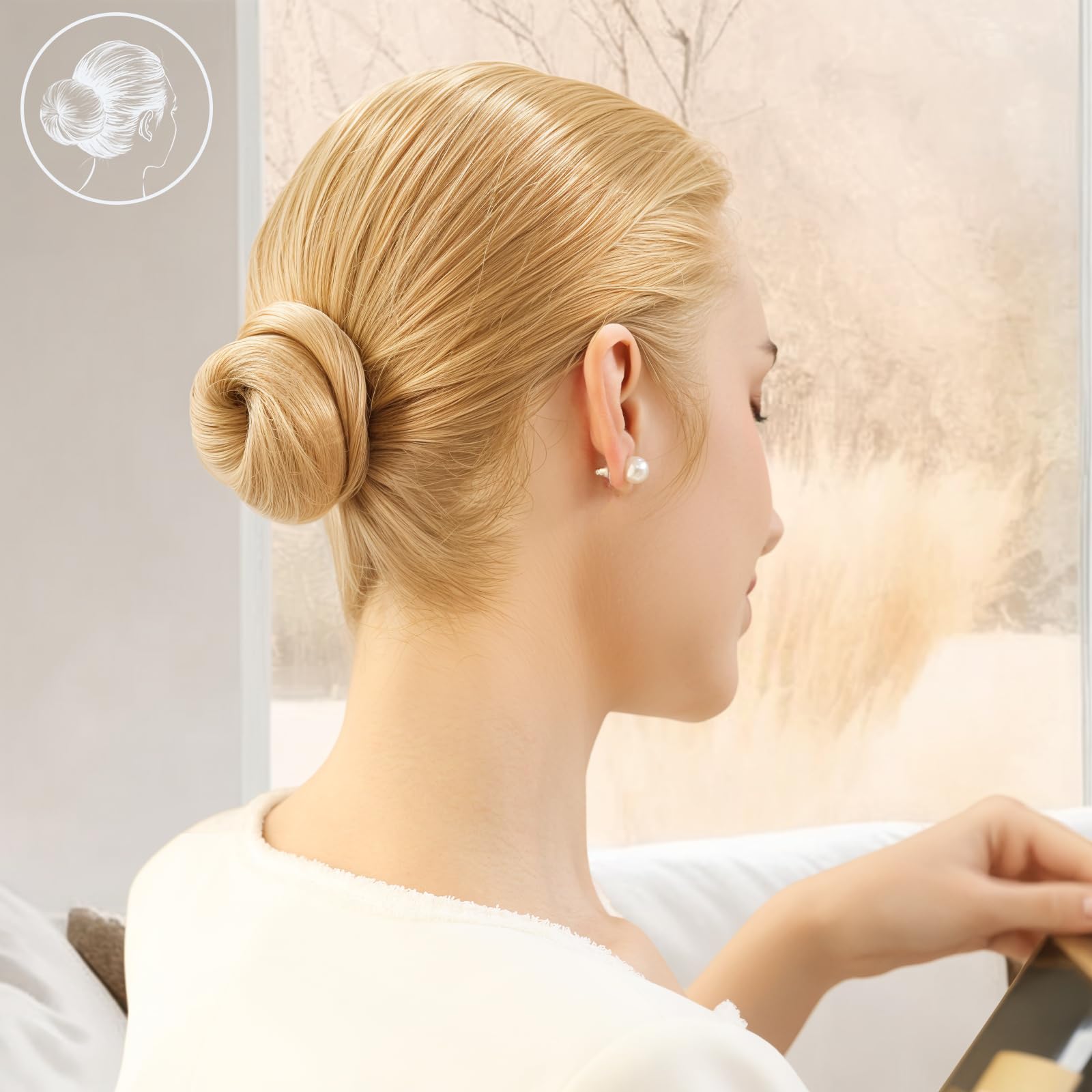 Fandamei lifestyle image of woman styling an updo, easy-to-use benefit