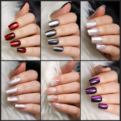 Woman wearing Fandamei short square cat eye nails in everyday outfit, polished look