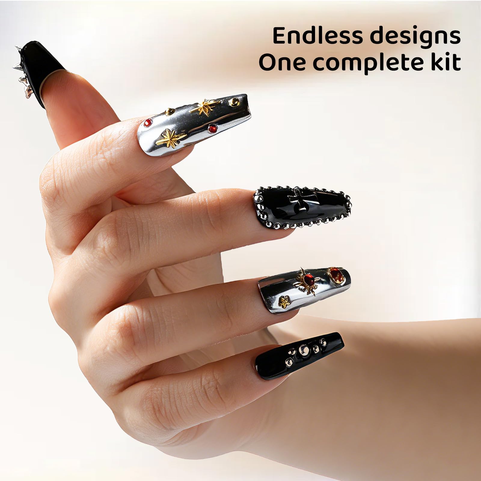Fandamei nails in use showing applied charms and gems enhancing manicure look
