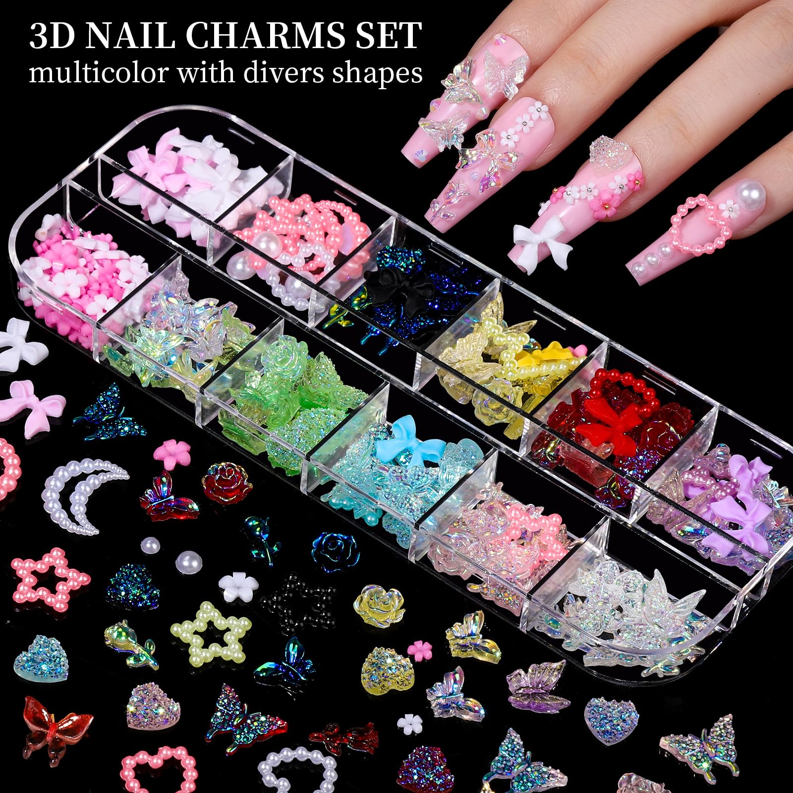 Fandamei colorful 3D charms close-up highlighting shapes for dramatic nail dimension