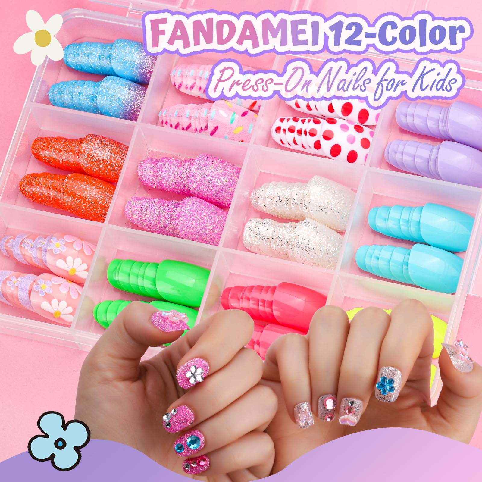 FANDAMEI close-up of twelve press-on nail styles showing color variety