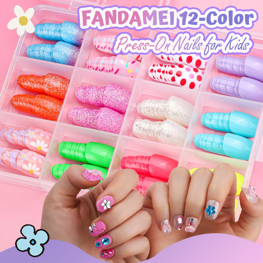 FANDAMEI close-up of twelve press-on nail styles showing color variety