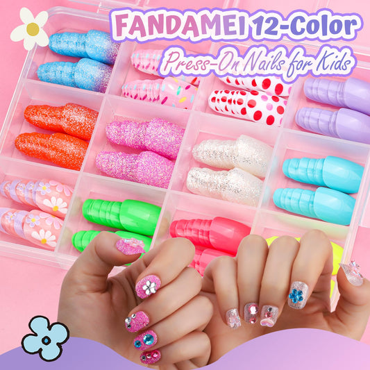 FANDAMEI close-up of twelve press-on nail styles showing color variety