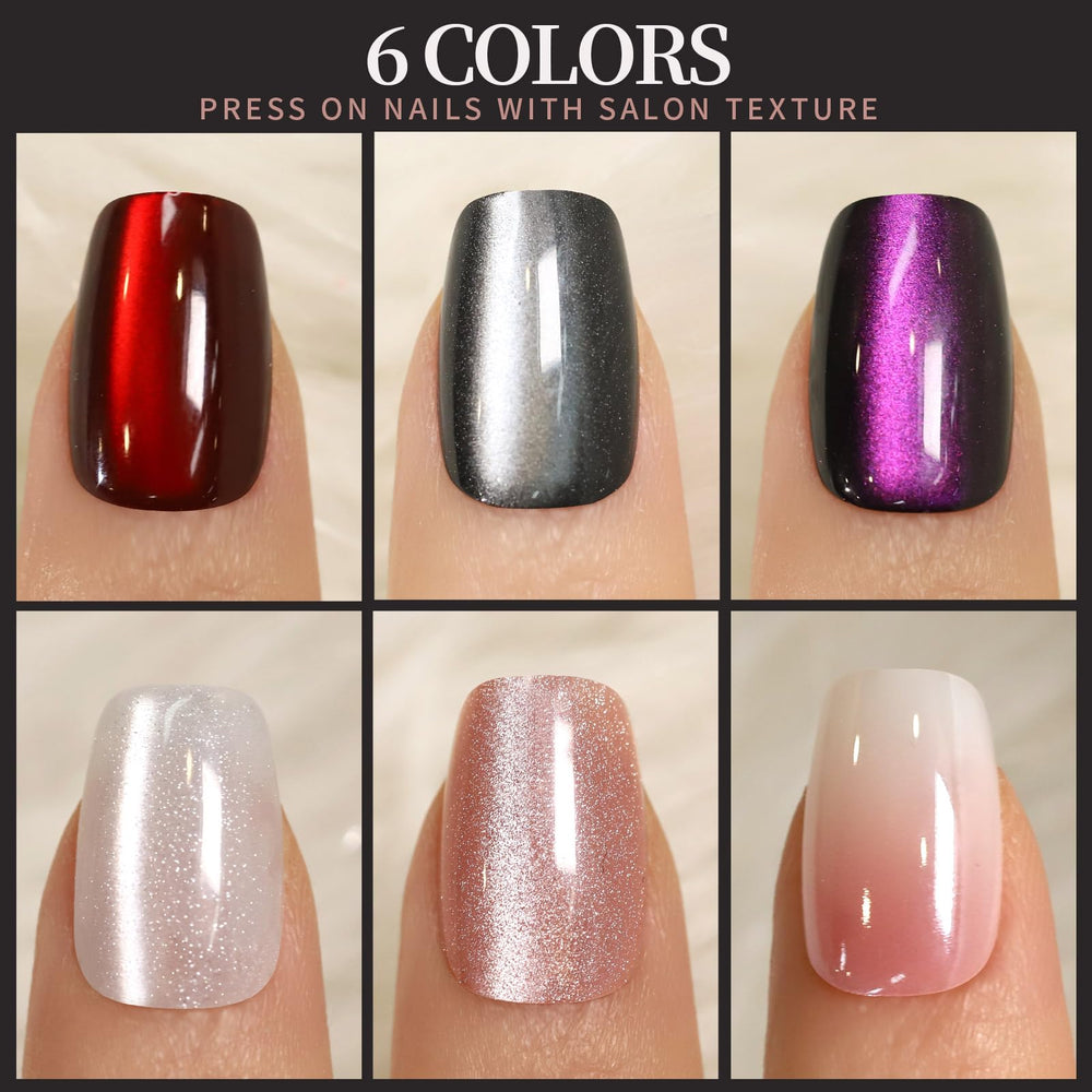 Fandamei flat lay of six short square press-on nail sheets, quick style selection