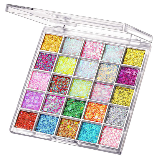 Fandamei palette front view showing 25 vibrant gel glitters and easy portability