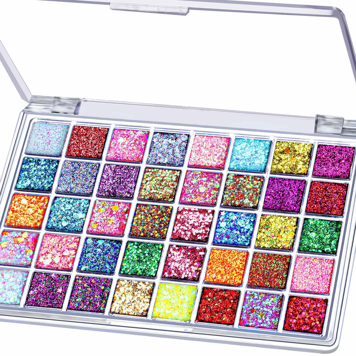 Fandamei palette top view showing 40 vibrant shades and sequins, easy selection benefit