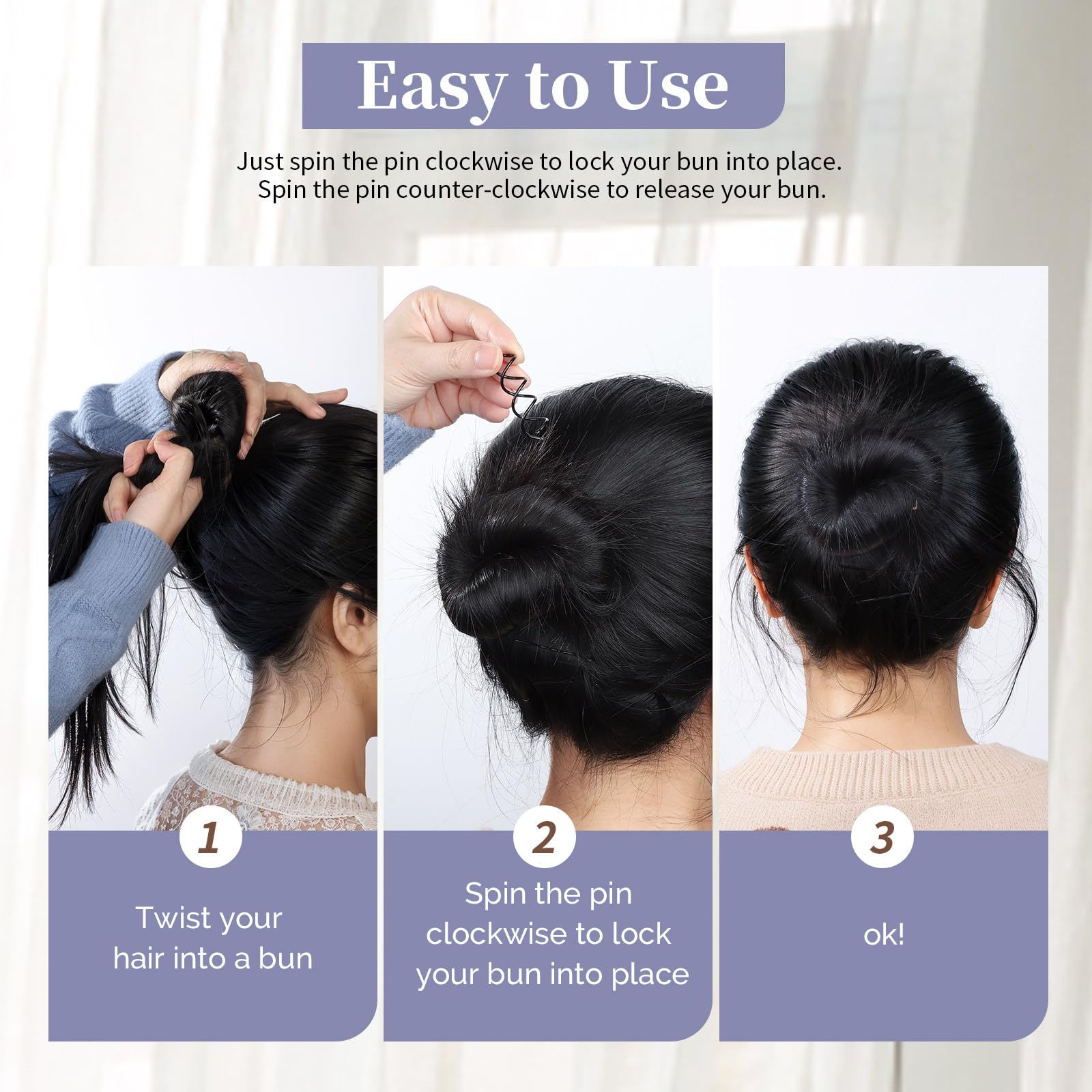 Fandamei pin inserted into a bun demonstrating strong, discreet hold