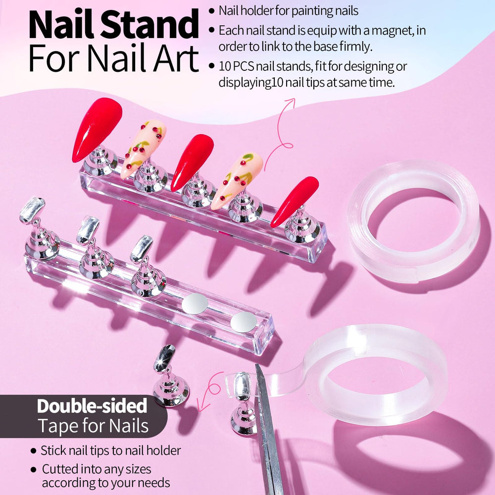 Fandamei press-on tips attached to magnetic stands while being painted to show hands-free use