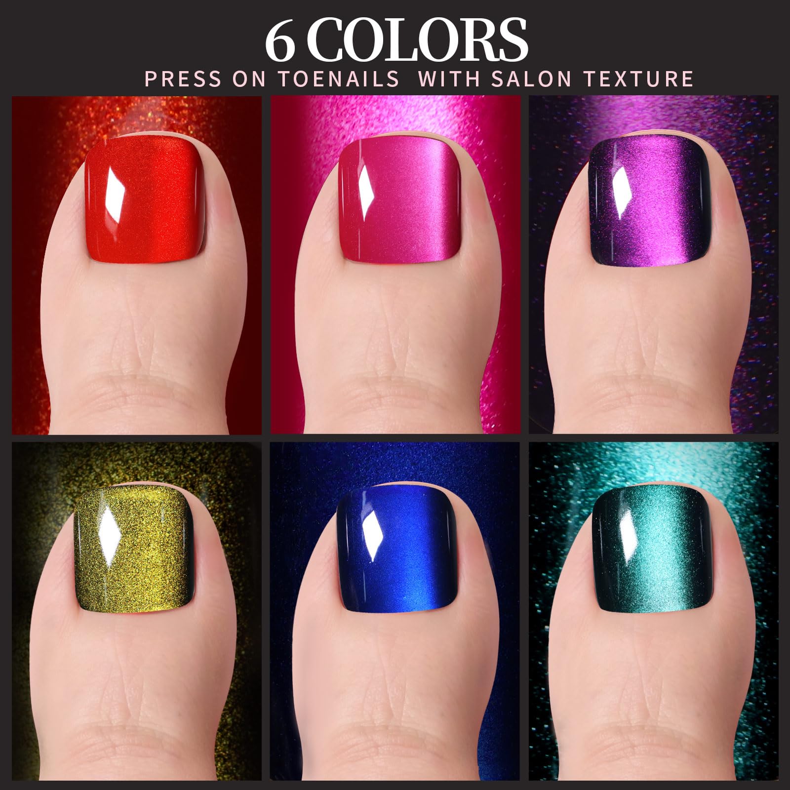 Fandamei close-up of six cat-eye colors showing glossy reflective finish and color variety