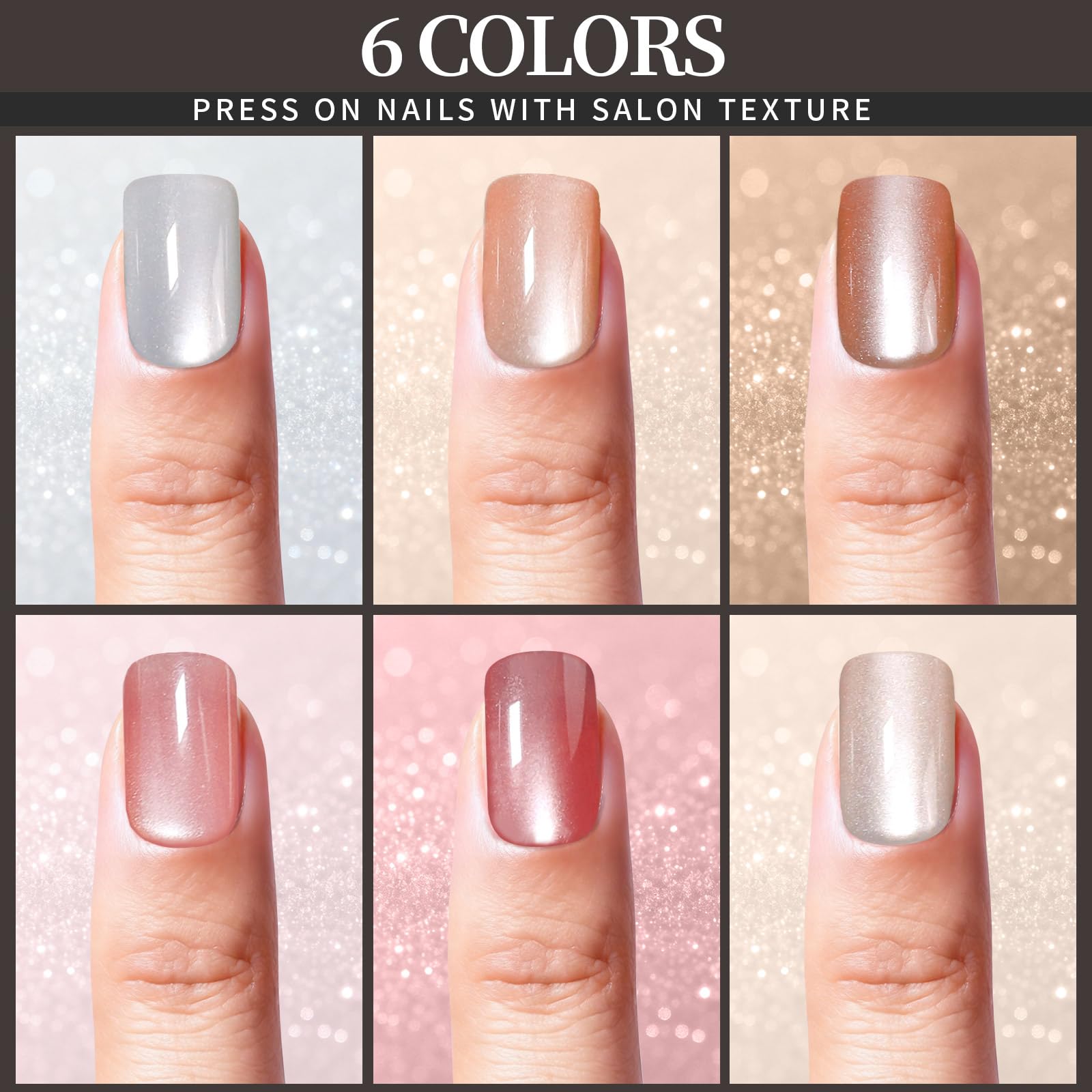 FANDAMEI six-color spread of short press-on nails offering style variety