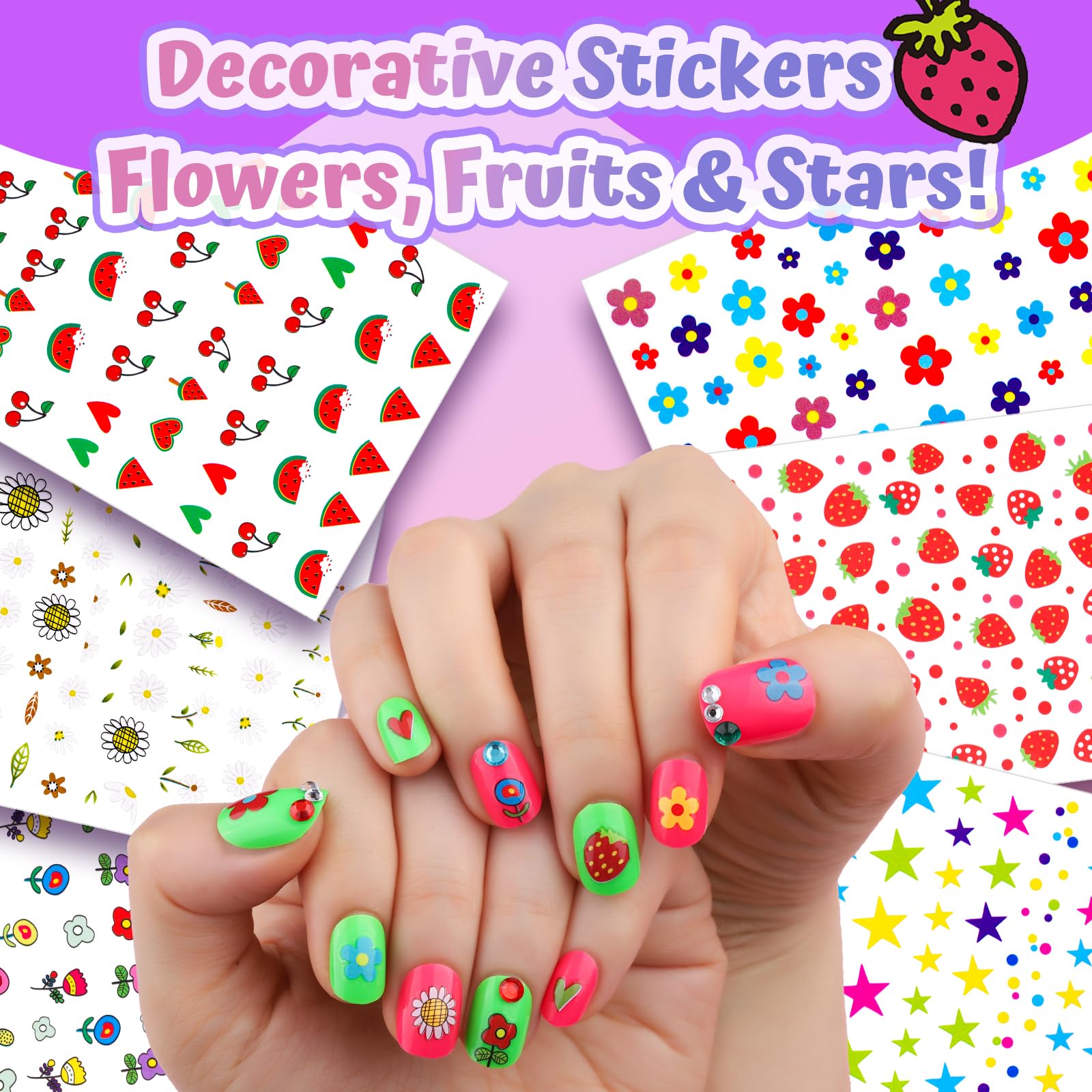 FANDAMEI sheets of floral and fruit nail stickers displayed for easy choosing